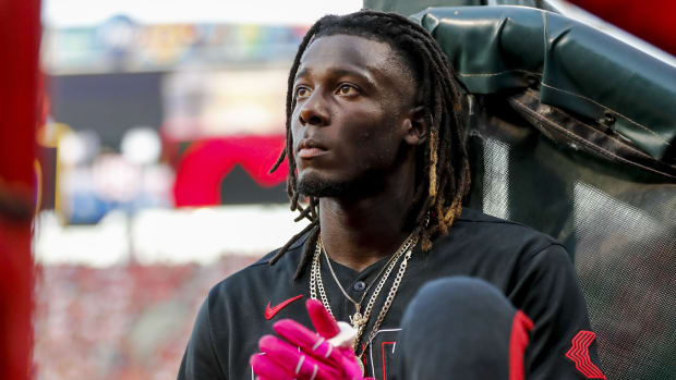 Jul 14, 2023; Cincinnati, Ohio, USA; Cincinnati Reds third baseman Elly De La Cruz (44) during the fifth inning against the Milwaukee Brewers at Great American Ball Park. Mandatory Credit: Katie Stratman-USA TODAY Sports 